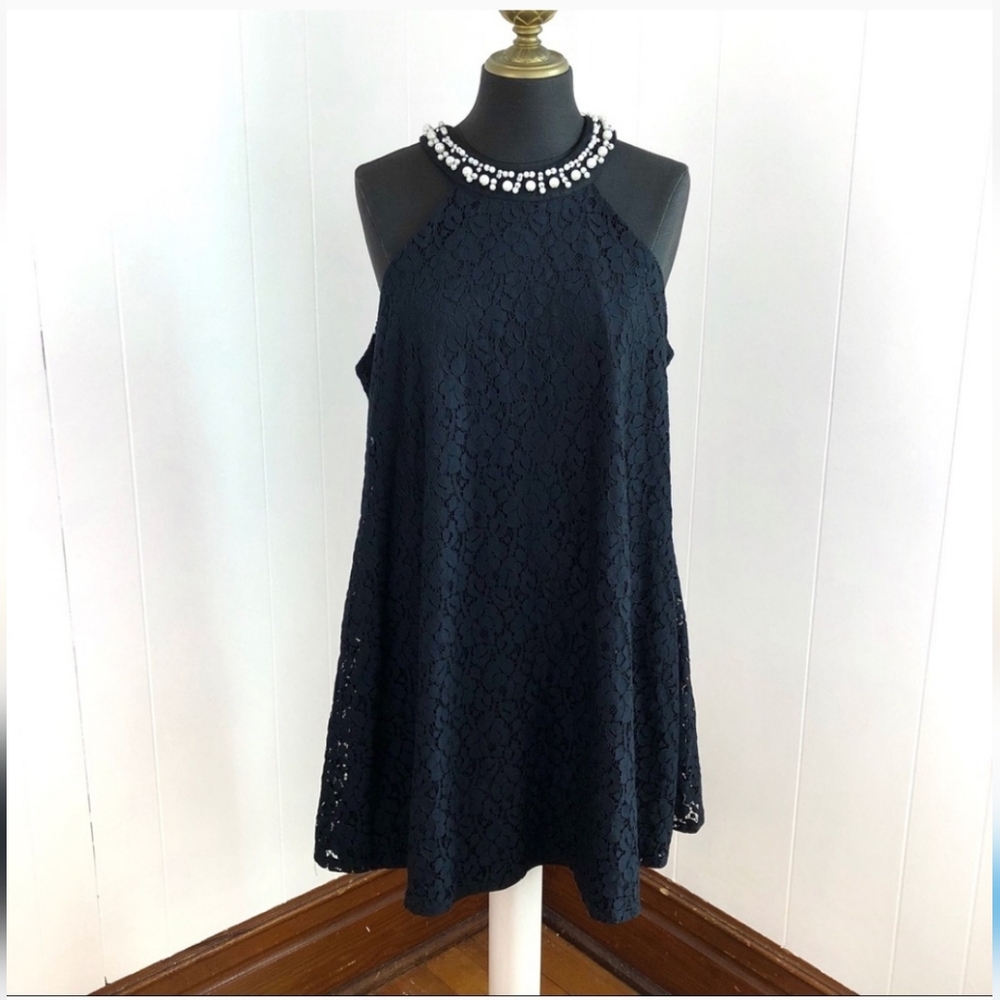 Altar'd State Size Small Black Lace and Pearl Mini Dress High Neck Shift Holiday